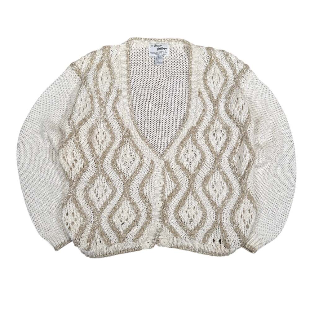 Vintage 90s Knit Sweater Cardigan White and Beige Womens Medium